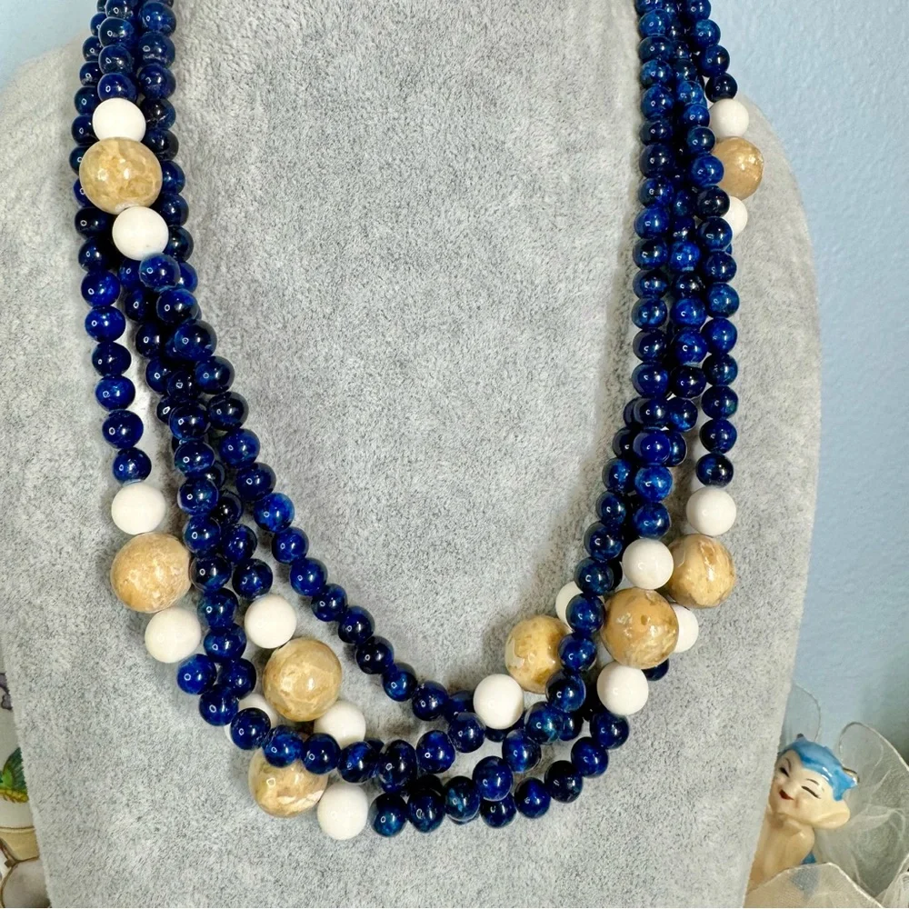 Vintage Stone Four Strand Necklace 16” Blue, Tan & White - Picture 3 of 4